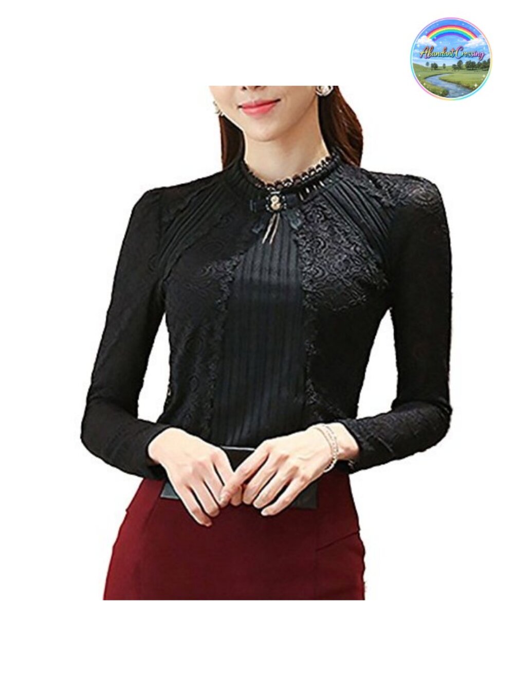 Women's Beaded Button Pleated Lace Long Sleeve Victorian Blouse